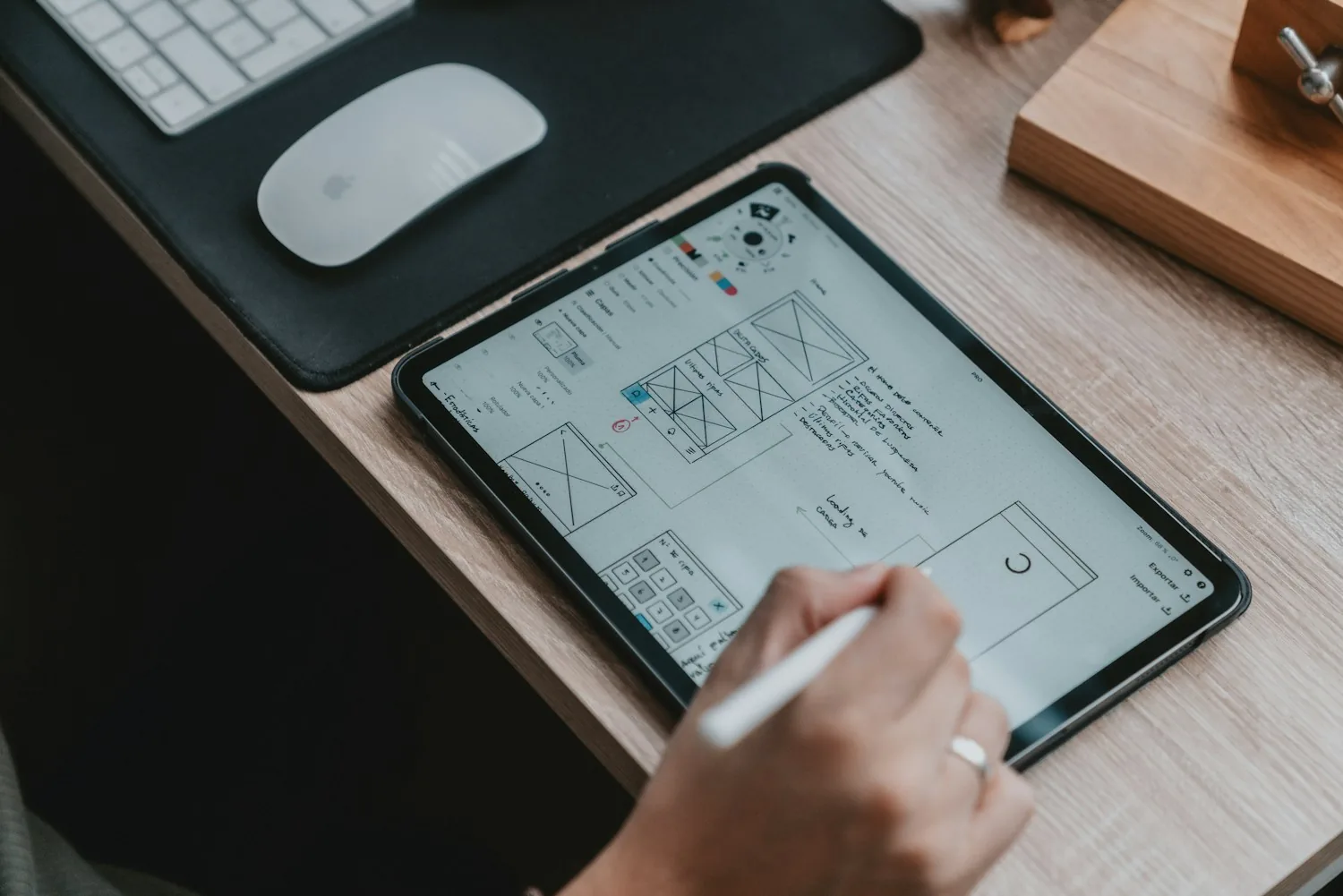 Tablet resting on a wooden desk